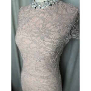 Blush Pink Lace Short Sleeve Midi Dress Pearl Beaded Neckline